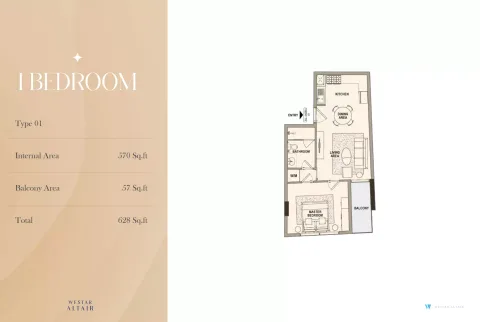 Floor plan, 1 Bed, 628 sq ft