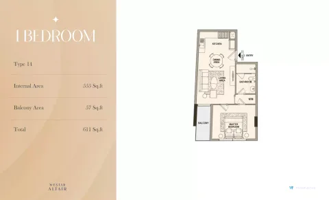 Floor plan, 1 Bed, 611 sq ft