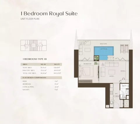 Floor plan, 1 Bed, 1,043 sq ft