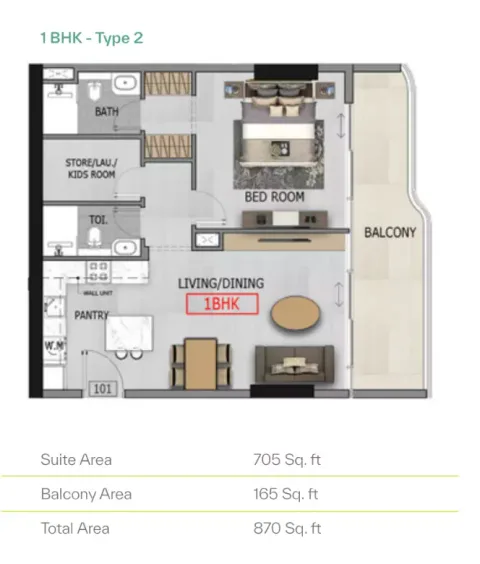 Floor plan, 1 Bed, 870 sq ft