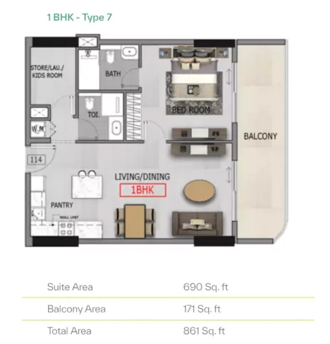 Floor plan, 1 Bed, 861 sq ft