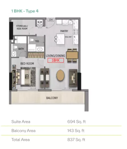 Floor plan, 1 Bed, 837 sq ft