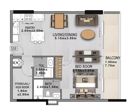 Floor plan, 1 Bed, 828 sq ft