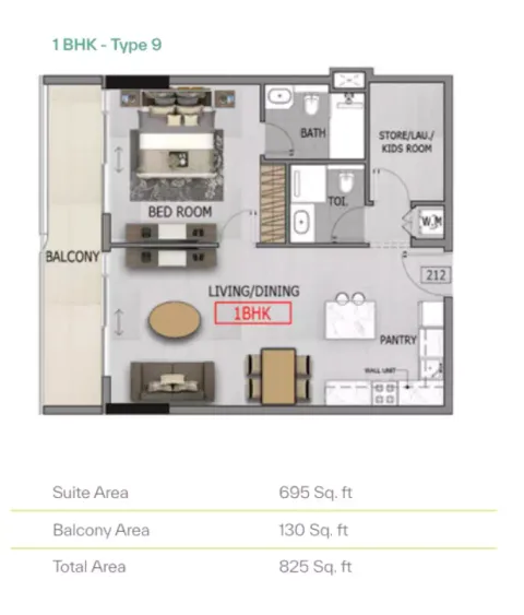 Floor plan, 1 Bed, 825 sq ft