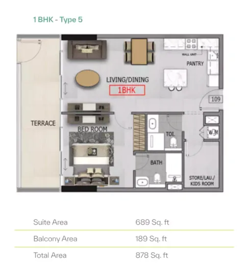 Floor plan, 1 Bed, 878 sq ft