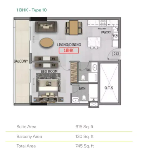 Floor plan, 1 Bed, 745 sq ft