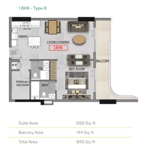 Floor plan, 1 Bed, 843 sq ft