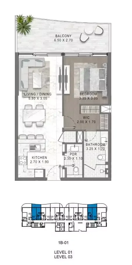 Floor plan, 1 Bed, 672 sq ft