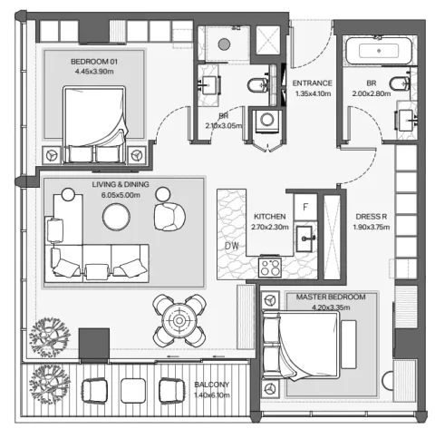 Floor plan, 2 Beds, 1,175 sq ft