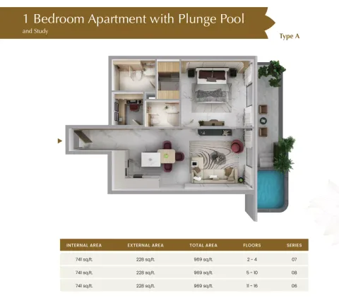 Floor plan, 1 Bed, 969 sq ft