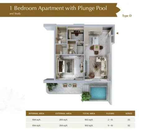 Floor plan, 1 Bed, 953 sq ft