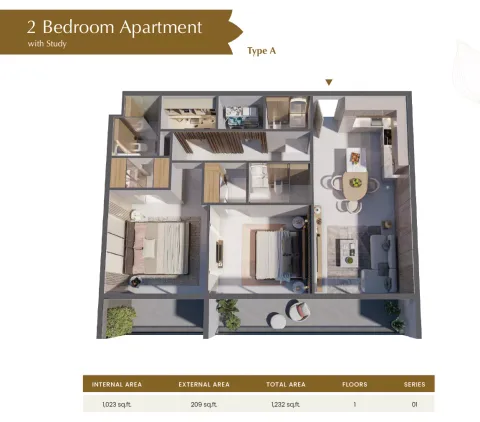 Floor plan, 2 Beds, 1,232 sq ft