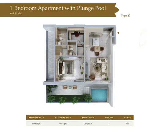 Floor plan, 1 Bed, 1,155 sq ft