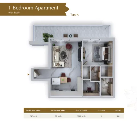 Floor plan, 1 Bed, 1,038 sq ft