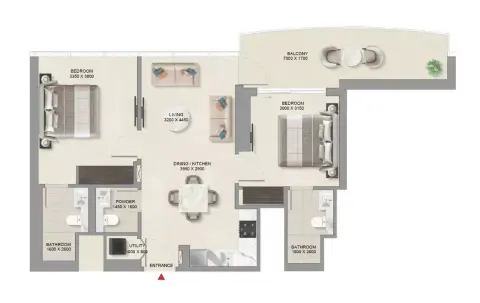 Floor plan, 2 Beds, 958 sq ft