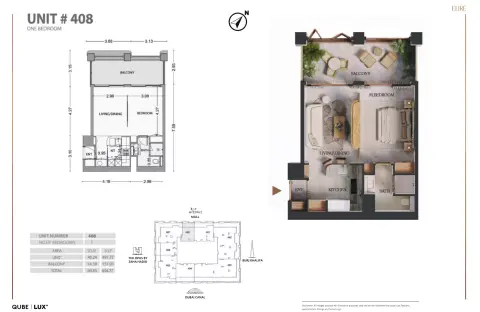 Floor plan, 1 Bed, 654 sq ft