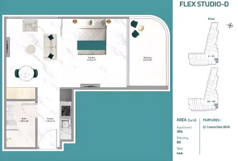 Floor plan, Studio, 466 sq ft