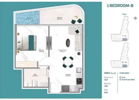 Floor plan, 1 Bed, 603 sq ft