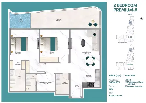 Floor plan, 2 Beds, 1,026 sq ft