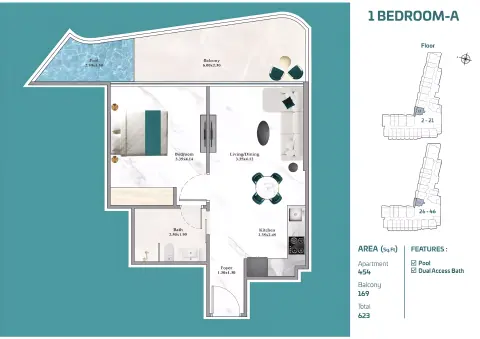 Floor plan, 1 Bed, 623 sq ft