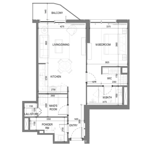Floor plan, 1 Bed, 890 sq ft
