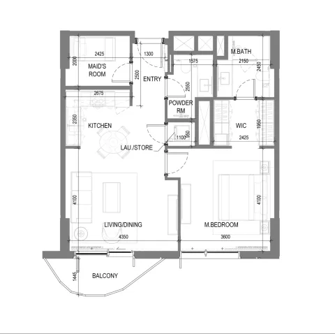 Floor plan, 1 Bed, 828 sq ft