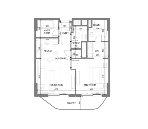 Floor plan, 1 Bed, 883 sq ft