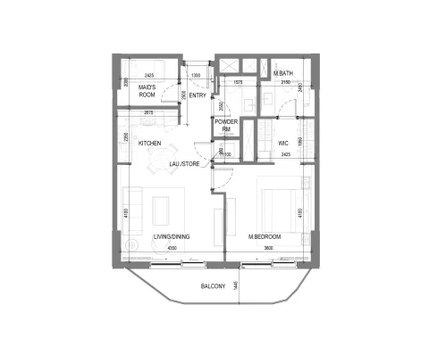 Floor plan, 1 Bed, 883 sq ft