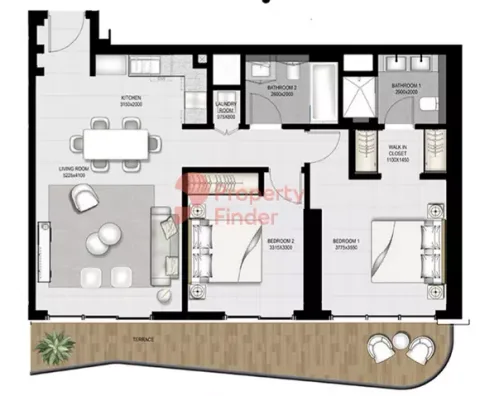 Floor plan, 2 Beds, 1,214 sq ft