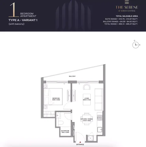 Floor plan, 1 Bed, 495 sq ft