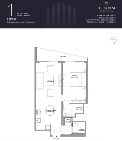 Floor plan, 1 Bed, 748 sq ft