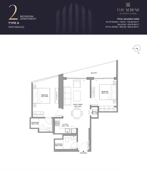 Floor plan, 2 Beds, 852 sq ft