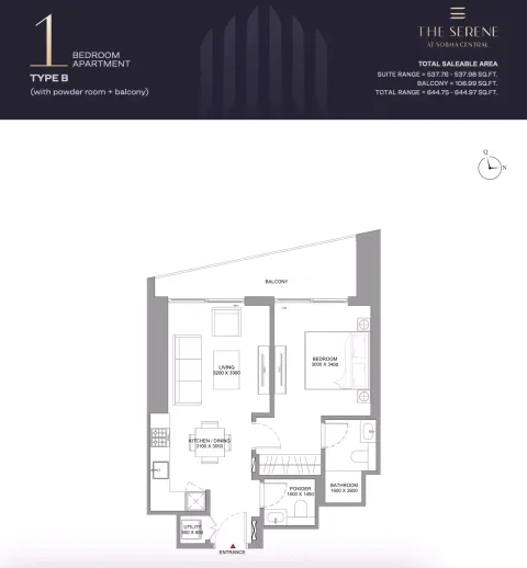 Floor plan, 1 Bed, 644 sq ft