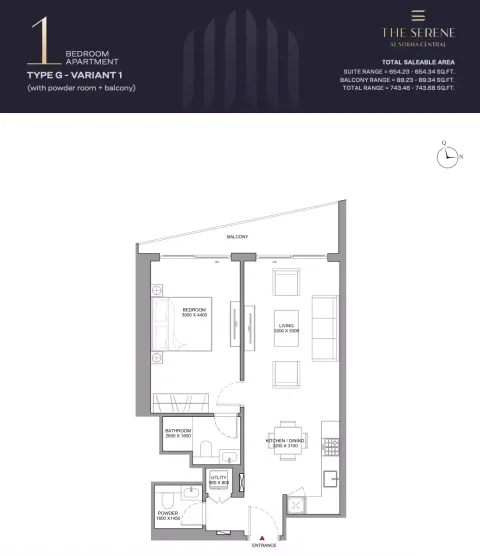 Floor plan, 1 Bed, 743 sq ft