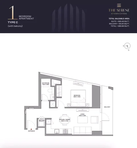Floor plan, 1 Bed, 685 sq ft