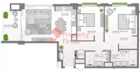 Floor plan, 2 Beds, 1,045 sq ft