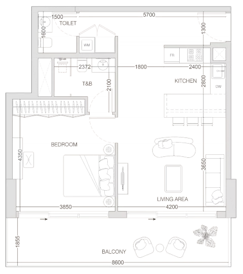 Floor plan, 1 Bed, 859 sq ft