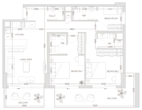 Floor plan, 2 Beds, 1,252 sq ft