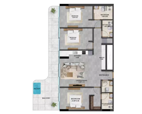 Floor plan, 3 Beds, 439 sq ft