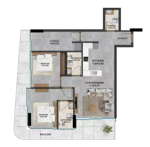 Floor plan, 2 Beds, 390 sq ft