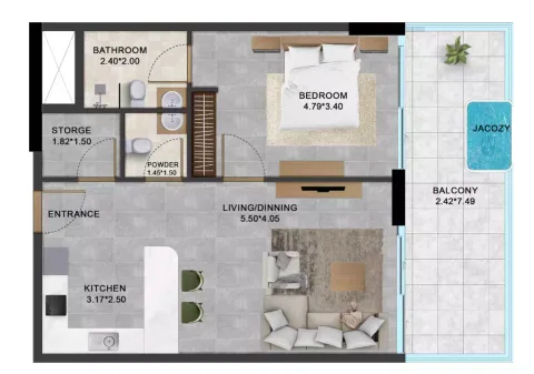 Floor plan, 1 Bed, 177 sq ft