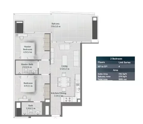 Floor plan, 2 Beds, 1,005 sq ft