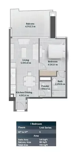 Floor plan, 1 Bed, 722 sq ft