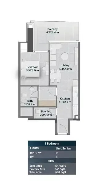 Floor plan, 1 Bed, 690 sq ft