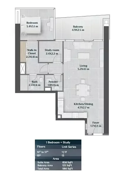 Floor plan, 1 Bed, 980 sq ft