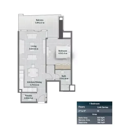 Floor plan, 1 Bed, 789 sq ft