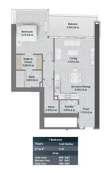 Floor plan, 1 Bed, 980 sq ft
