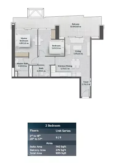 Floor plan, 2 Beds, 1,019 sq ft