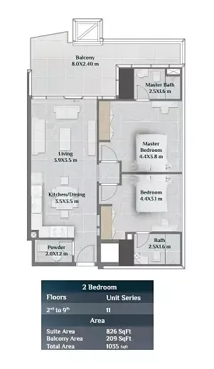 Floor plan, 2 Beds, 1,035 sq ft