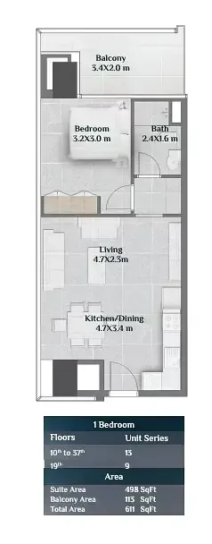 Floor plan, 1 Bed, 611 sq ft